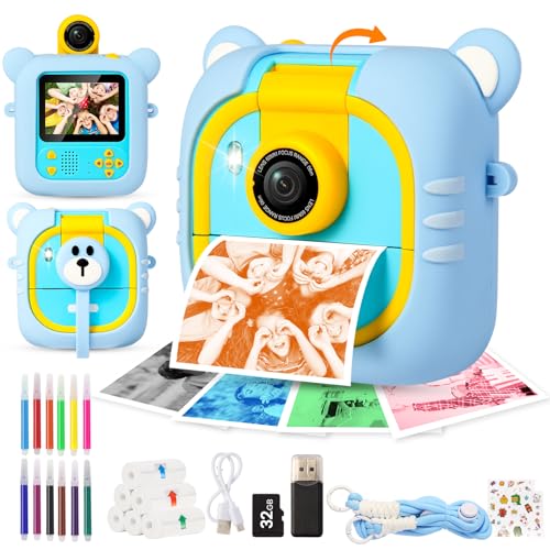ARNSSIEN Macchina Fotografica Bambini Istantanea e 7 Rotoli Carta (4 Col: O/R/V/B+3 B&N)-2,4”Fotocamera istantanea con 32GB, 180 °Flip Obiettivo, Regalo di Natale e Compleanno per Bambini per 3-12,M2