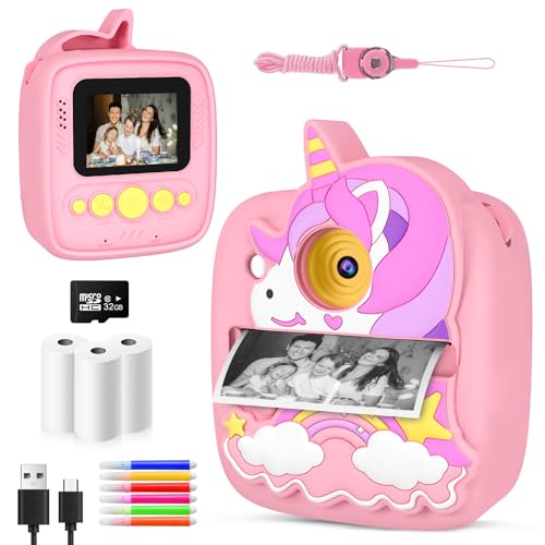 Macchina Fotografica Bambini Istantanea,Fotocamera Istantanea per Bambini HD/1080P con 32GB Scheda,Giocattolo Regalo Natale Bambino e Bambina 3-10 Anni （Rosa）