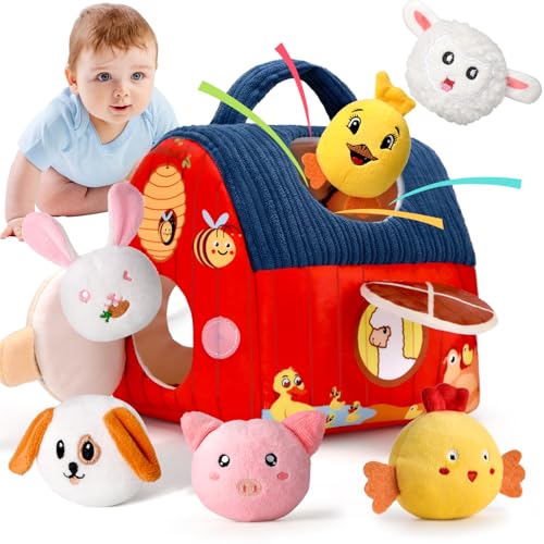 Loyzico Giochi Bambini 1 Anno 6 9 12 Mesi, Montessori Gioco Neonato Fattoria, Fienile e 6 Animali della Fattoria in Peluche, Sonaglio e Specchio-Regalo Bimbo Bimba 1 Anno Bambino