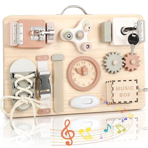 Joyreal Pannello Sensoriale Bambini Montessori Legno - Busy Board Giochi Montessori Tavola Sensoriale con Carillon Specchio Neonati Giochi Educativi Regalo