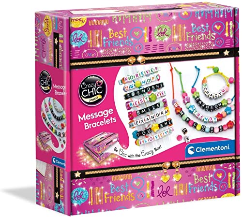 Clementoni Crazy Chic - Message Bracelets, Kit Gioielli Creativi per Bambini 7+ Anni, Braccialetti e Collane Personalizzabili con Lettere e Perline Colorate, Idea Regalo per Bambine, 18634