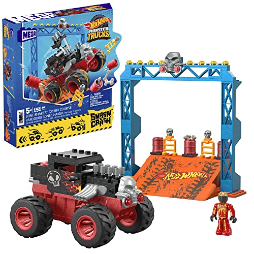 MEGA Hot Wheels - Bone Shaker Salti Estremi, set da costruire da 151 pezzi, con cofano che si stacca all'impatto e 1 personaggio pilota snodato incluso, giocattolo per bambini, 5+ anni, HKF87