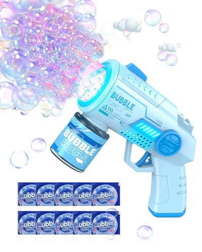 Pistola a Bolle per Bambini, Automatica Macchina di Sapone con 10 Pezzi Particella Concentrata a Bolla, 6000 + Bolle/Min, Luce LED, Estate per Festa/Spiaggia/Compleanno/Matrimonio(Blu)