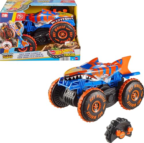 Hot Wheels Monster Trucks - Tiger Shark Super Scalatore RC, veicolo radiocomandato grande con 3 modalità per gareggiare, scalare e fare acrobazie, giocattolo per bambini, 5+ anni, JFR39