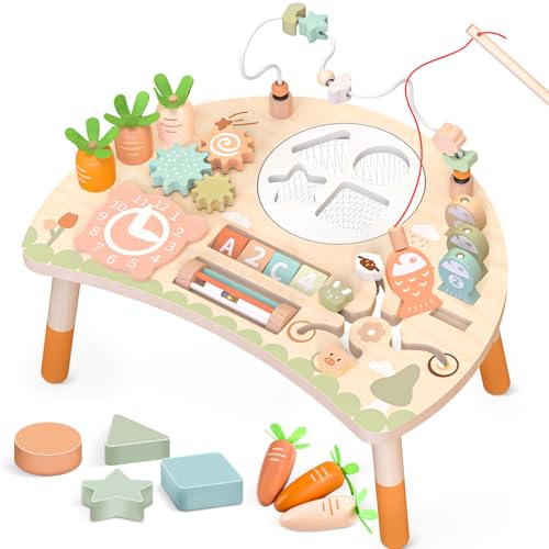 Tavolo Multiattivita Bambini Giochi Montessori 1 2 3 Anno, 9-in-1 Tavolino Bambino in Legno, Bambini Giocattoli Bambina Regalo 1+ Anni, Giochi Educativi Centro Attivita Neonato (Colori Naturali)