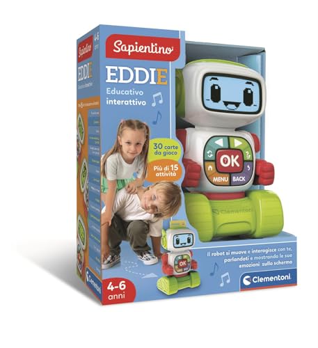 Clementoni Sapientino - Eddie Robot Educativo Interattivo, Gioco Educativo Bambini 4-6 Anni, Robot Parlante con Schermo LCD, Impara Lettere Numeri Emozioni e Musica, Lingua Italiana, 16713