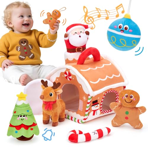hahaland Giochi Bambini 1 Anno - Peluche della Casa di Pan di Zenzero con Musica, Gioco Natale Interattivo Sensoriale Neonato Regalo Natale per 6 12 18 Mesi