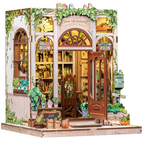 CUTEBEE Book Nook - Kit DIY Miniature per Adulti, Casa delle Bambole in Miniatura con Luce LED e Protezione Antipolvere, Modellismo Creativo Fai da Te（Green Life Bookshop）