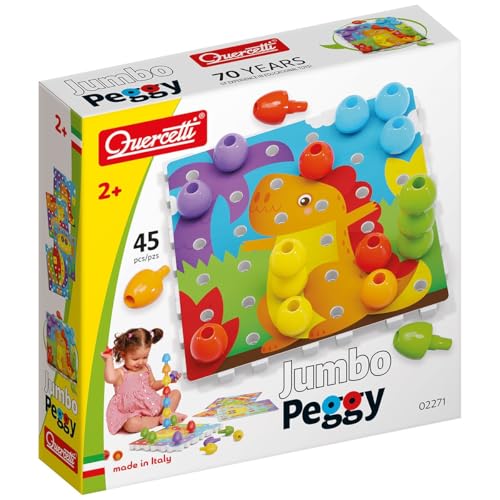 Quercetti Jumbo Peggy Bio, Mosaico Bambini, Giochi Bambini 2 Anni fino ai 5 Anni, Chiodini per Bambini 3 Anni, Costruzioni per Bambini 3 Anni con 36 Chiodini, 9 Piastre e 4 Schede, Made in Italy