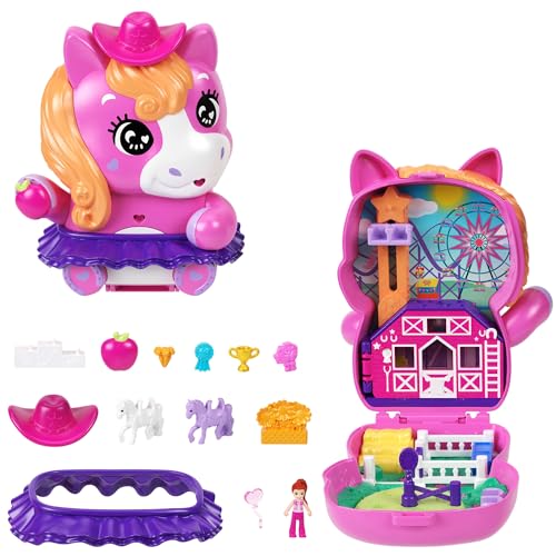 Polly Pocket - Cofanetto Rodeo dei Pony, playset apribile mini mondo con 1 mini bambola, un pony, cibo e accessori per lo styling inclusi, giocattolo per bambini, 4+ anni, JCR39