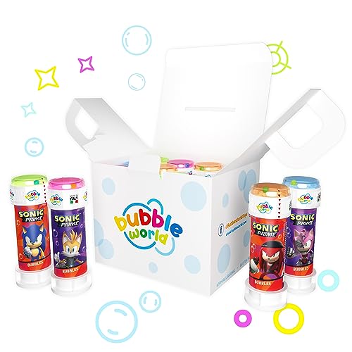 Bubble World - Bolle di Sapone Sonic per Bambini - Gadget Compleanno e Giochi Bambini a Tema Sonic - Tubetti Bianchi con Soffiatore Rosso - Confezione da 12 Pezzi da 60 ml - Made in Italy