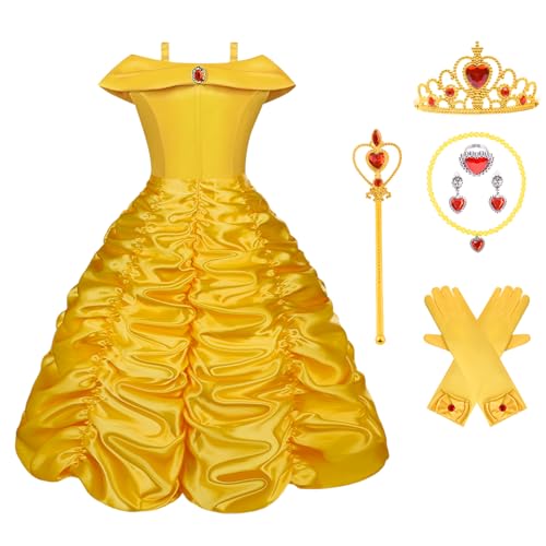 Vicloon Elsa Costume, Set da Principessa Elsa Corona Bacchetta Guanti Treccia, Ragazze Elsa Principessa delle Neve Abiti Partito Vestito Costume (Giallo, 6-7 Anni)