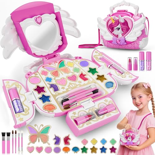 Unicorno Trucchi Bambina Set 3-12, Sicuro Lavabile kit di Trucco da principessa DIY Bambini con Specchio e Cinturino, Valigetta Trucchi Natale Feste Compleanno Regalo Bambina 4 5 6 7 8 9 10 11 12Anni