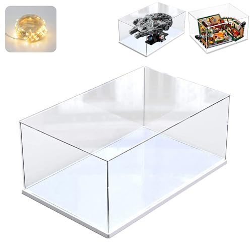 Teca Espositiva Plexiglass Acrilico per Lego Millennium Falcon 75375 per Lego Friends Serie TV 21319 per Supra 42204 per Bugatti 42151, Vetrina per Collezionismo Vetrinetta con Led, Bianca 35x25x15cm