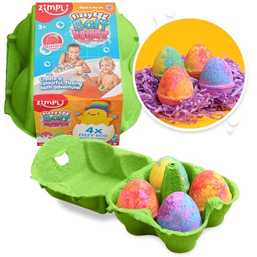 ZIMPLI - 4 x Uova frizzanti Baff Bombz Set regalo, alternativa ideale ai dolcetti di Pasqua, bombe da bagno frizzanti per bambini, colorate, bombe da bagno frizzanti, giocattolo da bagno