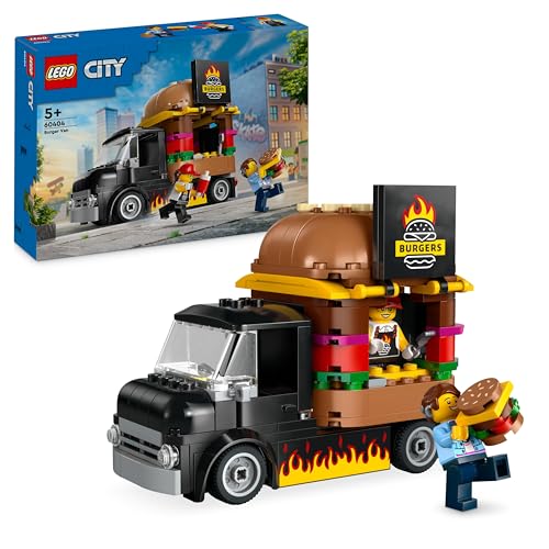 LEGO City Furgone degli Hamburger Giocattolo, Veicolo da Costruire per Bambini e Bambine da 5 Anni in su, Camion Food Truck con Accessori per Cucinare e 2 Minifigure, Regalo Divertente 60404