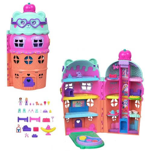 Polly Pocket - La Casetta del Gelato, Set a Tema Orso di 4 Piani a Forma di Cono Gelato, 2 Mini Bambole e 25 Accessori Inclusi, Giocattolo per Bambini, 4+ Anni, JKB89