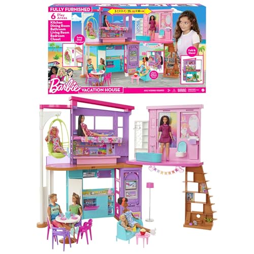 Barbie - Casa di Malibu (106 cm) playset casa delle bambole con 2 piani, 6 stanze, ascensore altalena e più di 30 pezzi, Giocattolo per Bambini 3+ Anni, HCD50