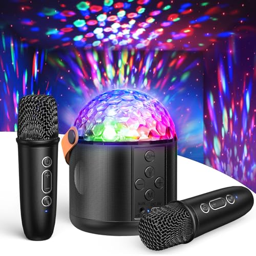 Karaoke con Microfono con Luci da Discoteca, Microfono Karaoke con 2 Microfono Bambini Adulti Cassa Bluetooth Portatile Giocattoli Regalo per Feste in Casa & Compleanno - Regali Natale Bambini