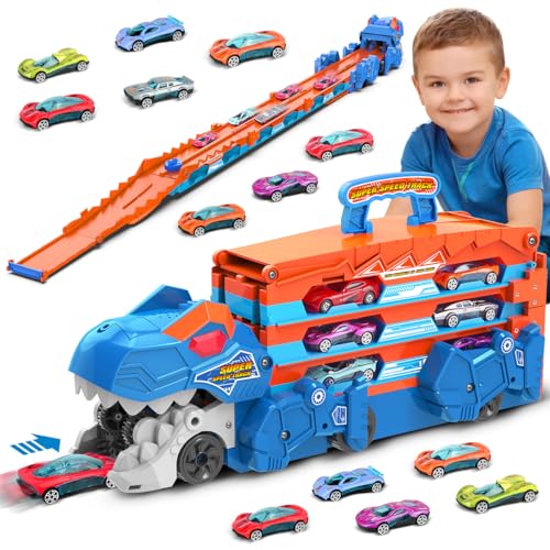 VATOS Dinosauro Trasporto Camion Giocattoli Auto per Ragazzi Età 3 4 5 6 7 8, Portatile Race Track Truck Auto Giocattoli Set con 6 Auto da corsa, Camion Carrier Play Veicoli Giocattoli Set per Bambini