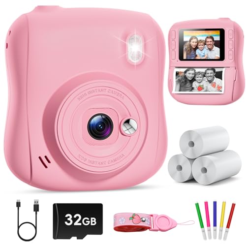 Hangrui Macchina Fotografica Bambini Istantanea, 2,0 Pollici Fotocamera Istantanea Bambini con 32GB Scheda, 1080P Fotocamera Digitale, Giocattolo Regalo di Natale Bambino 3-10 Anni -Rosa