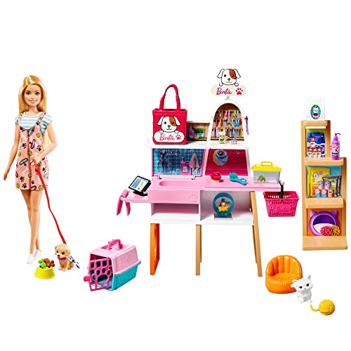Barbie - Negozio degli Animali, playset con postazione per la toeletta, bambola Barbie, 4 amici animaletti e 20+ accessori inclusi, giocattolo per bambini, 3+ anni, GRG90