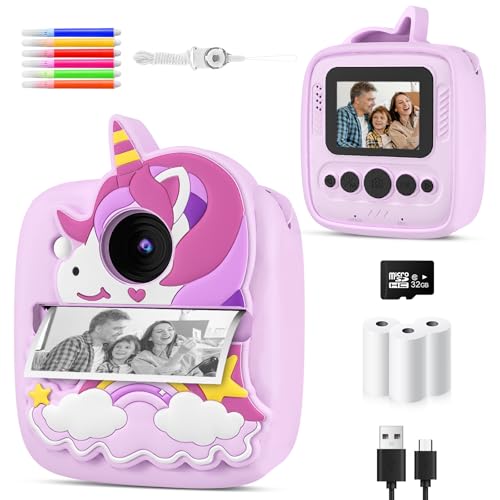 Fotocamera per bambini, stampa istantanea, compleanno per bambini di 3, 4, 5, 6, 7, 8, 9 anni, 48 MP e 1080p, HD, fotocamera digitale per bambini con scheda SD da 32 GB e 3 rotoli di carta