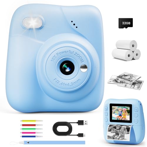 CAMCLID Macchina Fotografica Bambini Istantanea, 1080P HD Macchina Fotografica Istantanea 48MP con Scheda da 32 GB e 3 Rotoli di Carta da Stampa, Regalo per Ragazze Ragazzi da 3-12