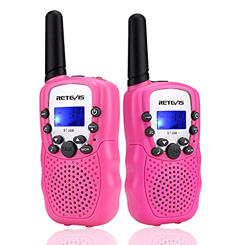 Retevis RT388 Walkie Talkie Bambini, Giocattolo a Lungo Raggio 8CH RegaliBambini 4-12 Anni, Torcia LCD Retroilluminata Campeggio, Avventure all'Aperto, Giochi per Famiglia (1 Paio, Rosa)