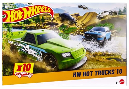 Hot Wheels - Set da 10 truck acrobatici, utilitari, da corsa e altri pick-up, veicoli die-cast in scala 1:64, modelli moderni e retrò da collezione, giocattolo per bambini, 3+ anni, HYM97