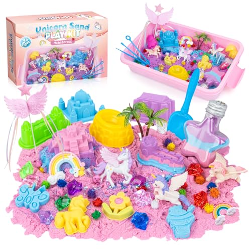 snookids Giocattoli di Sabbia a Forma di Unicorno, Sabbia Magica con Cera d'api Naturale 690 g, 24 Stampi per Sabbia, Giocattolo Sensoriale Regali Compleanno di Natale per Bambini Dai 3 ai 9 Anni