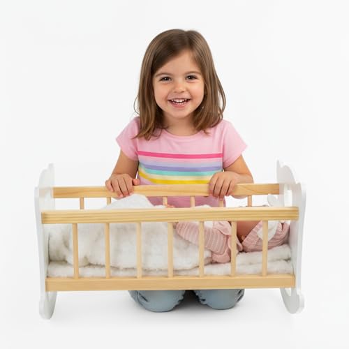 Kinderplay Culla per bambole in legno con biancheria da letto, letto per bambole fino a 49,5 cm, giocattolo in legno per ragazze dai 3 anni in su, culla sostenibile per giochi di ruolo e regalo per