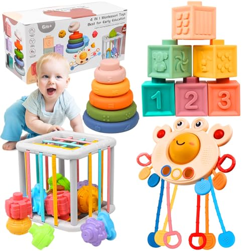 Giochi Neonato 6-9 Mesi, Giochi Montessori 4 in 1, Giocattoli Sensoriali per Neonati, Giochi Bambini 1 Anno, Blocchi Impilabili, Costruzioni per Bambini, Giochini Regalo 3 6 9 12 Mesi 1 2 3 Anno