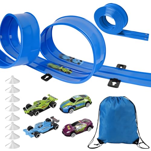 Pista Macchinine (4.5 m), Pista Macchine Flessibile, Piste Macchinine per Bambini 3 4 5 6 7 Anni, Car Track, 4 Auto In Lega Borsa Portaoggetti Regalo per Bambino e Bambine, Blu