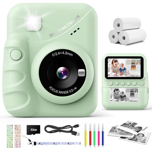 CalineGam Macchina Fotografica Bambini Istantanea, 3,0'' Schermo HD 48MP Fotocamera Digitale Bambini con Scheda da 32GB, Camera Giocattolo Regalo per Ragazzi e Ragazze dai 3 ai 12 Anni (Verde)