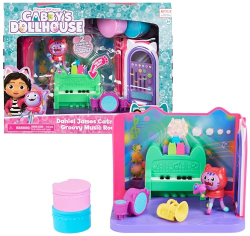 Gabby's Dollhouse, Groovy Music Room con personaggio Daniel James Catnip, 2 accessori, 2 mobili e 2 scatole con sorpresa, giocattoli per bambini dai 3 anni in su