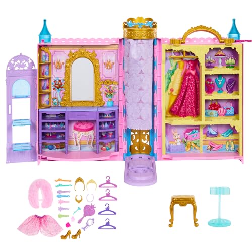Mattel Disney Princess - Guardaroba da Favola, playset armadio apribile fino a 60cm con 2 abiti e 25 accessori, specchiera, camerino e passerella inclusi, giocattolo per bambini, 3+ anni, HXC20