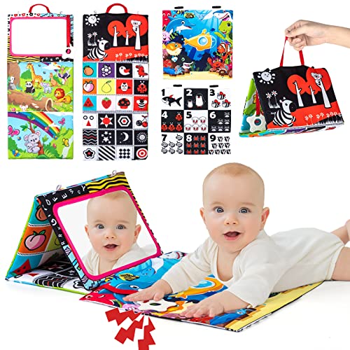 Auney Specchio Bebe Montessori 0-18 mesi con libro interattivo bianco e nero, giocattoli sensoriali e massaggiagengive