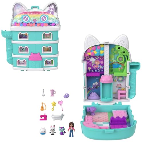 Polly Pocket - La Casa delle Bambole di Gabby, cofanetto con mini Gabby e 9 accessori, include gli amici gattini Pandy Panda, Dolcetto e Siregatta, giocattolo per bambini, 4+ anni, JFV02