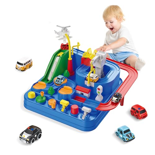 BASAMOU Pista Macchinine Giochi Bambini 3 4 5 6 7 8 Anni Ragazzi, Giocattoli Piste da Corsa con 4 Autos, Gioco di Avventura Giocattolo Educativi Bambini Regalo Compleanno, Natale