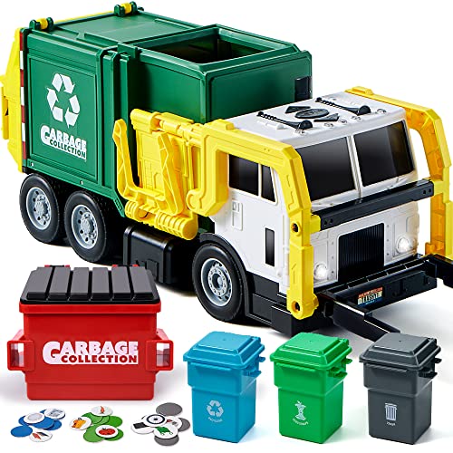 JOYIN Grande Camion Spazzatura da 40 cm, Giocattolo a Frizione con Luci e Suoni, con Pattumiera a Caricamento Frontale, 3 Bidoni Laterali con 30 Carte Pattumiera, Giocattoli per Bambini 3+(verde)