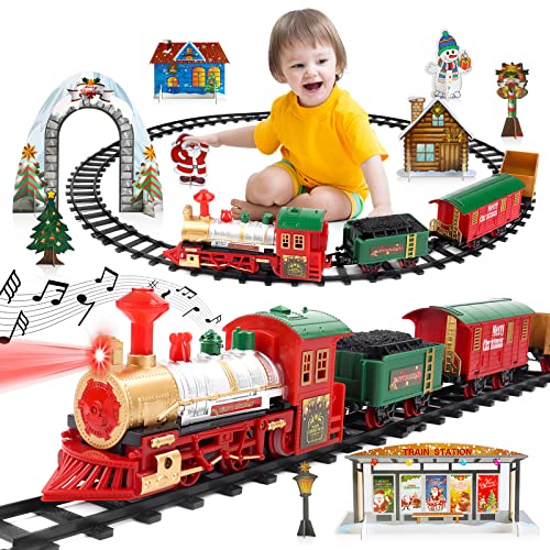 deAO Treno Classico con Luci e Suoni Set Natalizio di Binari, Locomotiva e 4 Carri Treno di Gioco Elettronico per Bambini Decorazioni Natalizie