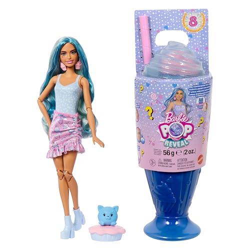 Barbie - Pop Reveal Serie Dolcetti, bambola a tema Cool Cupcake con cucciolo e 8 sorprese con effetto cambia colore inclusi, giocattolo per bambini, 3+ anni, JFY61