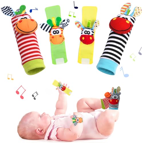 Vicloon Baby Rattle, 4 Pack Neonato Sonagli Calzini da Polso a Sonaglio per Bambini, Sonagli sensoriali, Giocattoli Soffici - 0-6 Mesi