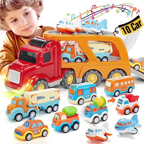 hahaland Camion Macchinine 2 anni - Bisarca Giocattolo con 10 pezzi Cars Macchine con Suoni e Luci, Macchina Trucks per Bambino 2 3 4 Regalo Compleanno Maschio