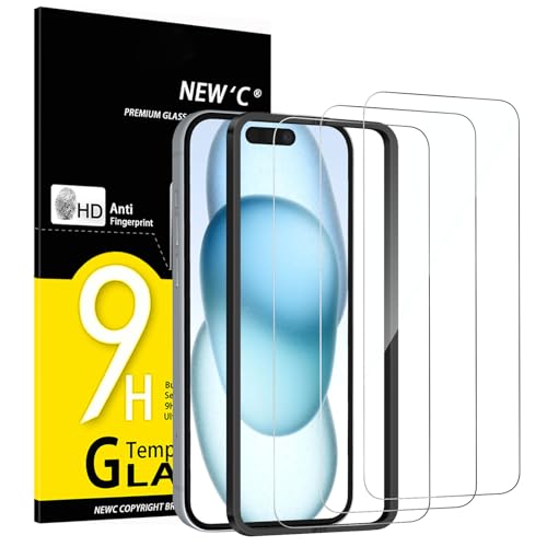 NEW'C 3 Pezzi, Vetro Temperato per iPhone 16, iPhone 15 (6,1 Pollici), Pellicola Prottetiva Anti Graffio - Ultra resistente - Trasparente HD - Strumento di installazione facile incluso