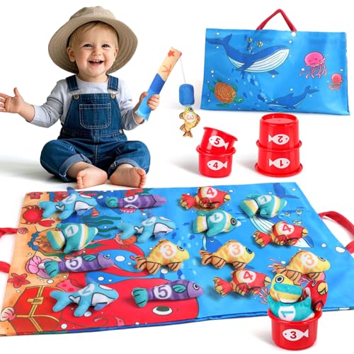 jerryvon Giochi Montessori 1 Anno - Giochi Pesca Bambini 1 Anno Giocattolo Educativo per 12-18 Mesi Gioco Regalo Bambina 1 2 Anno Compleanni (15 Tessuto di Pesce, Secchi Impilabili, Sacchetto)