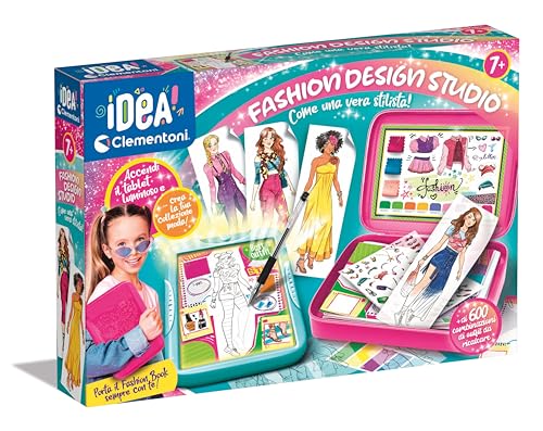 Clementoni Idea - Fashion Designer, Lavagna Luminosa Creativa per Bambine 7+ Anni, Set Abbigliamento con Supporto Pieghevole, Disegni e Modelli Unici, Gioco Creativo, Made in Italy, 18715