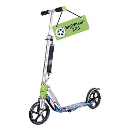 HUDORA Monopattino BigWheel 205 - in alluminio resistente - Monopattino pieghevole regolabile con cavalletto - sportivo per bambini e adulti fino a 100 kg - verde/blu