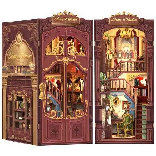 Fsolis DIY Book Nook, Casa delle bambole Mini Casa con Mobili in Legno e Luci a LED, Libro Angolo Mensola Inserto, Book Nook Adulto Costruzione(Library of Wisdom)